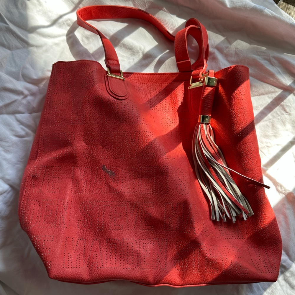Steve Madden Red Perforated Faux Leather Tote Bag with Tassel Accent
